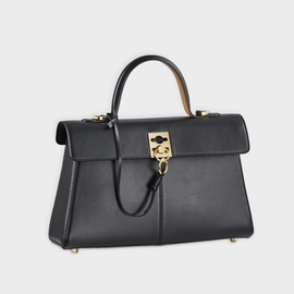 Sleek Solid Black Sharp Trapezoid Vintage Satchel With Distinctive Square Golden Clasp And Rear Full Length Zippered Compartment