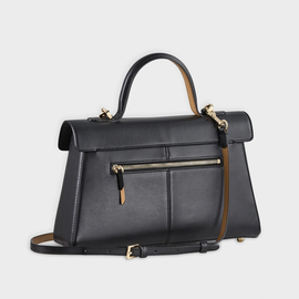 Sleek Solid Black Sharp Trapezoid Vintage Satchel With Distinctive Square Golden Clasp And Rear Full Length Zippered Compartment
