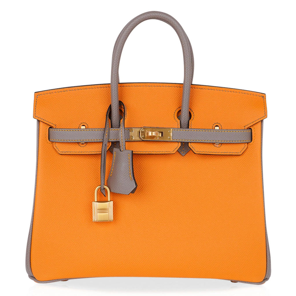 Vibrant Amber Orange Muted Ash Grey Contrast Compact Trapezoid Hand Tote With Polished Golden Twist Lock Hardware And Matching Suspended Metal Padlock Charm