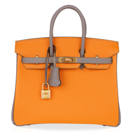 Vibrant Amber Orange Muted Ash Grey Contrast Compact Trapezoid Hand Tote With Polished Golden Twist Lock Hardware And Matching Suspended Metal Padlock Charm