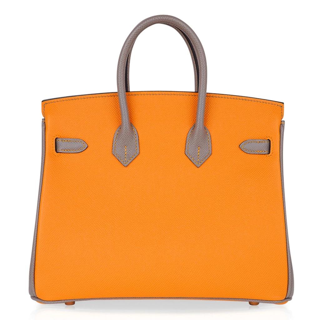 Vibrant Amber Orange Muted Ash Grey Contrast Compact Trapezoid Hand Tote With Polished Golden Twist Lock Hardware And Matching Suspended Metal Padlock Charm