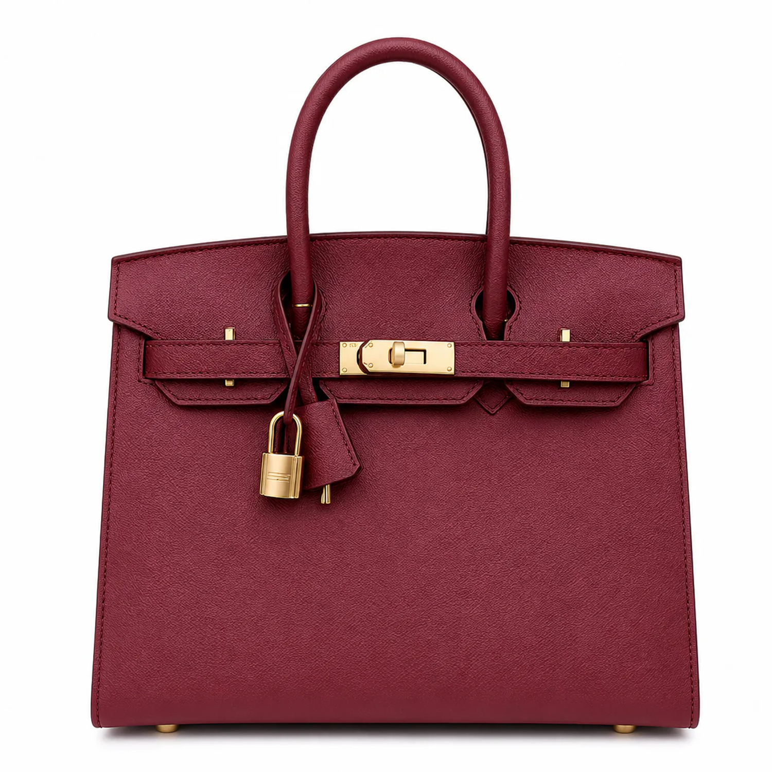 Rich Deep Burgundy Fine Grain Structured Trapezoid Hand Carry Tote With Glossy Luminous Golden Twist Lock Hardware And Matching Suspended Engraved Padlock Charm