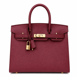 Rich Deep Burgundy Fine Grain Structured Trapezoid Hand Carry Tote With Glossy Luminous Golden Twist Lock Hardware And Matching Suspended Engraved Padlock Charm