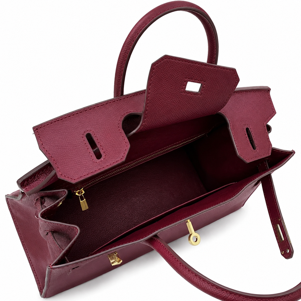 Rich Deep Burgundy Fine Grain Structured Trapezoid Hand Carry Tote With Glossy Luminous Golden Twist Lock Hardware And Matching Suspended Engraved Padlock Charm