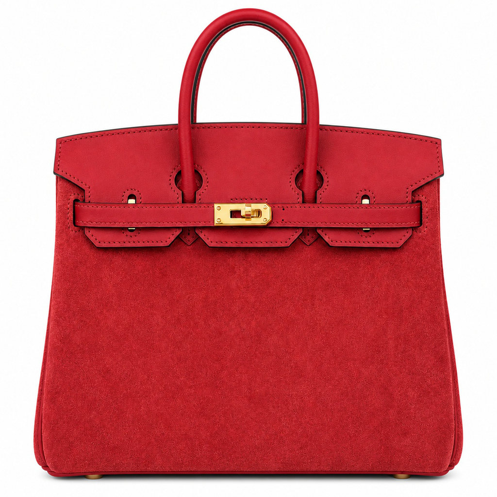 Vivid Scarlet Textured Compact Structured Trapezoid Hand Suede Tote With Polished Golden Twist Lock Hardware And Matching Tone Trim Accents