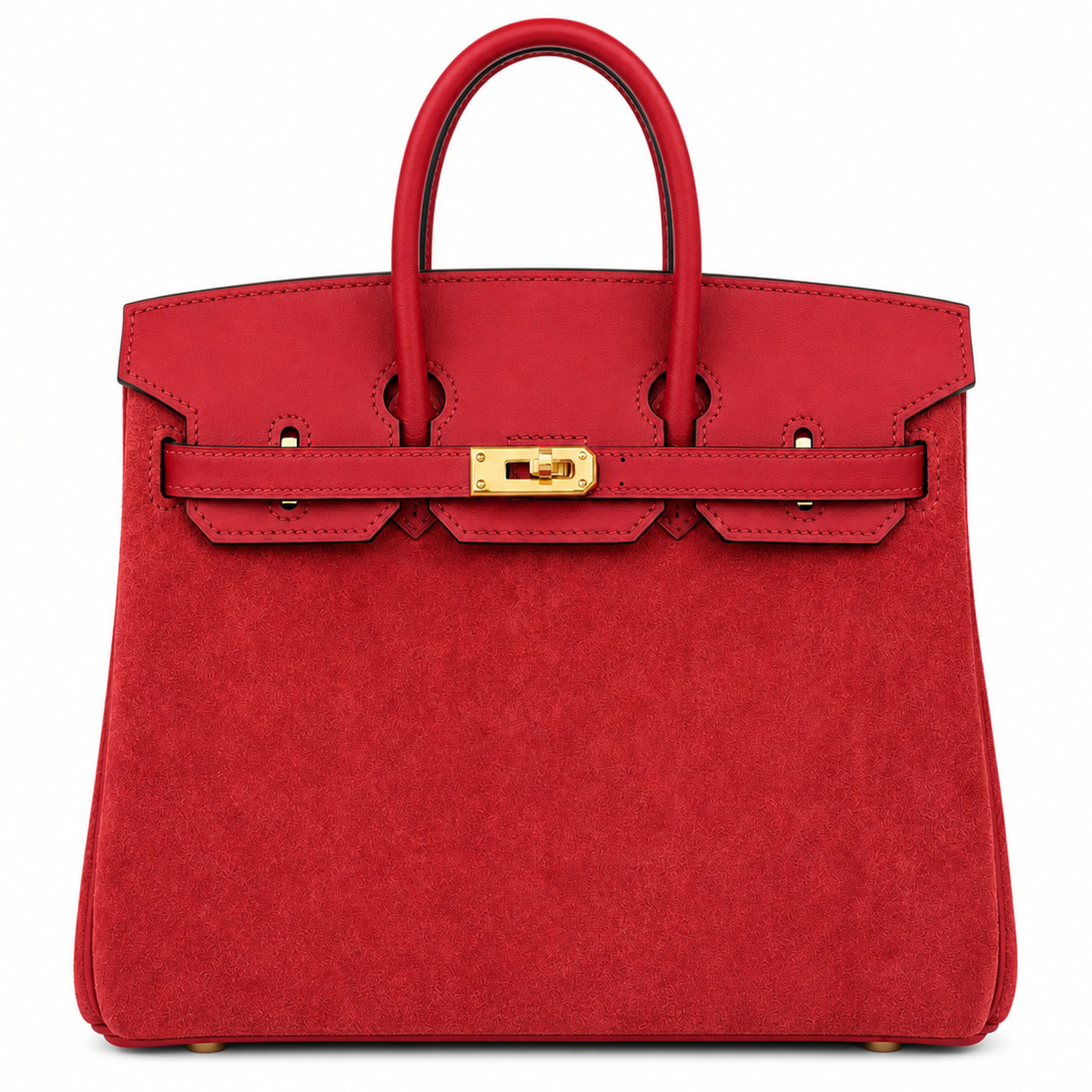 Vivid Scarlet Textured Compact Structured Trapezoid Hand Suede Tote With Polished Golden Twist Lock Hardware And Matching Tone Trim Accents