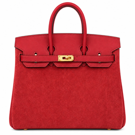 Vivid Scarlet Textured Compact Structured Trapezoid Hand Suede Tote With Polished Golden Twist Lock Hardware And Matching Tone Trim Accents
