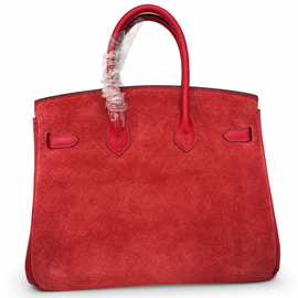Vivid Scarlet Textured Compact Structured Trapezoid Hand Suede Tote With Polished Golden Twist Lock Hardware And Matching Tone Trim Accents