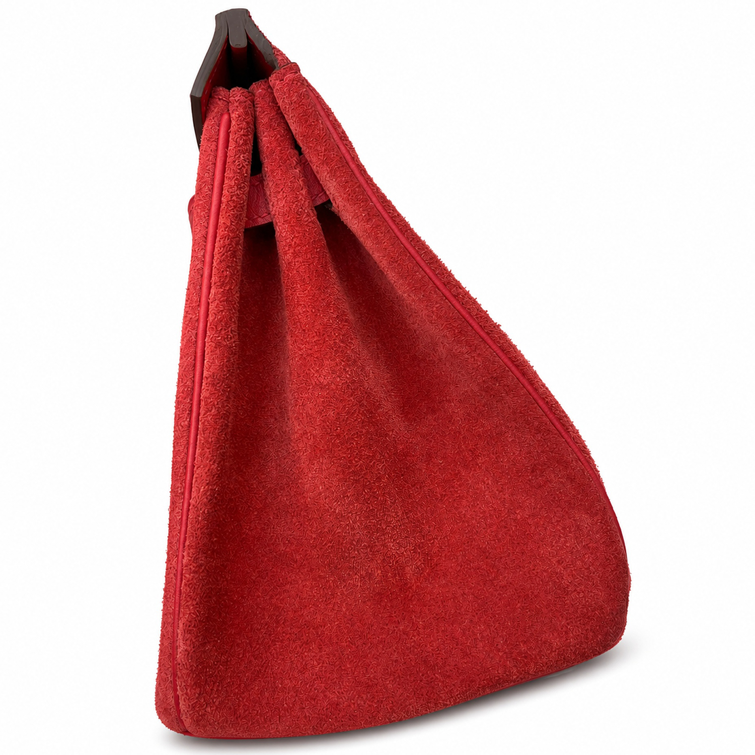 Vivid Scarlet Textured Compact Structured Trapezoid Hand Suede Tote With Polished Golden Twist Lock Hardware And Matching Tone Trim Accents