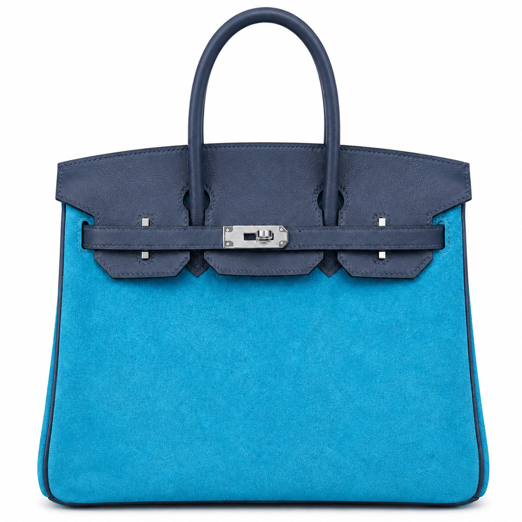 Vibrant Ocean Blue Textured Medium Structured Trapezoid Hand Suede Tote With Deep Navy Trim And Sleek Silvery Twist Lock Hardware Accents