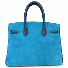 Vibrant Ocean Blue Textured Medium Structured Trapezoid Hand Suede Tote With Deep Navy Trim And Sleek Silvery Twist Lock Hardware Accents