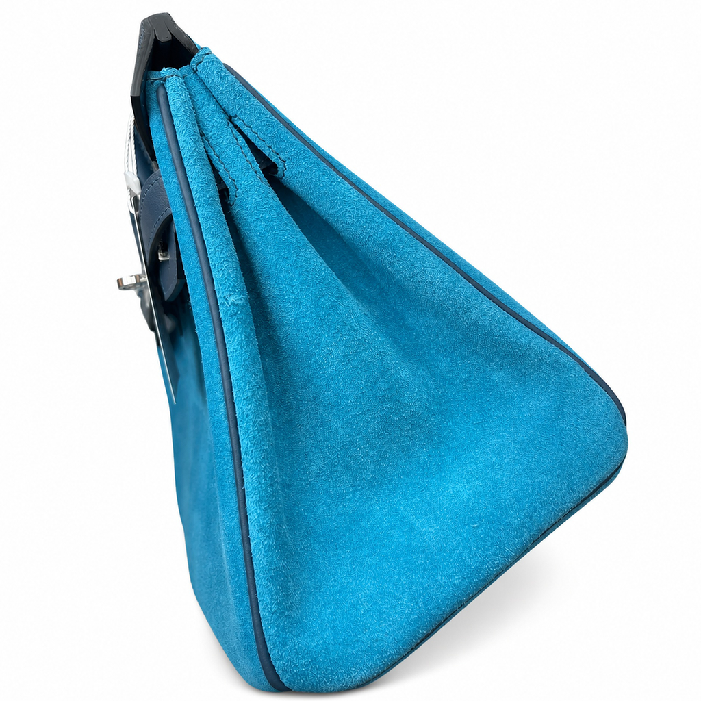 Vibrant Ocean Blue Textured Medium Structured Trapezoid Hand Suede Tote With Deep Navy Trim And Sleek Silvery Twist Lock Hardware Accents