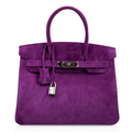 Saturated Deep Violet Plush Textured Medium Trapezoid Hand Tote With Polished Cool Silvery Twist Lock Hardware And Matching Suspended Engraved Metal Padlock Charm
