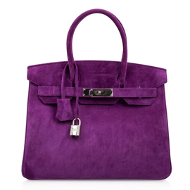 Saturated Deep Violet Plush Textured Medium Trapezoid Hand Tote With Polished Cool Silvery Twist Lock Hardware And Matching Suspended Engraved Metal Padlock Charm