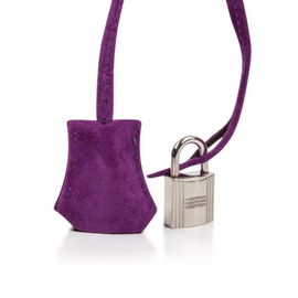 Saturated Deep Violet Plush Textured Medium Trapezoid Hand Tote With Polished Cool Silvery Twist Lock Hardware And Matching Suspended Engraved Metal Padlock Charm
