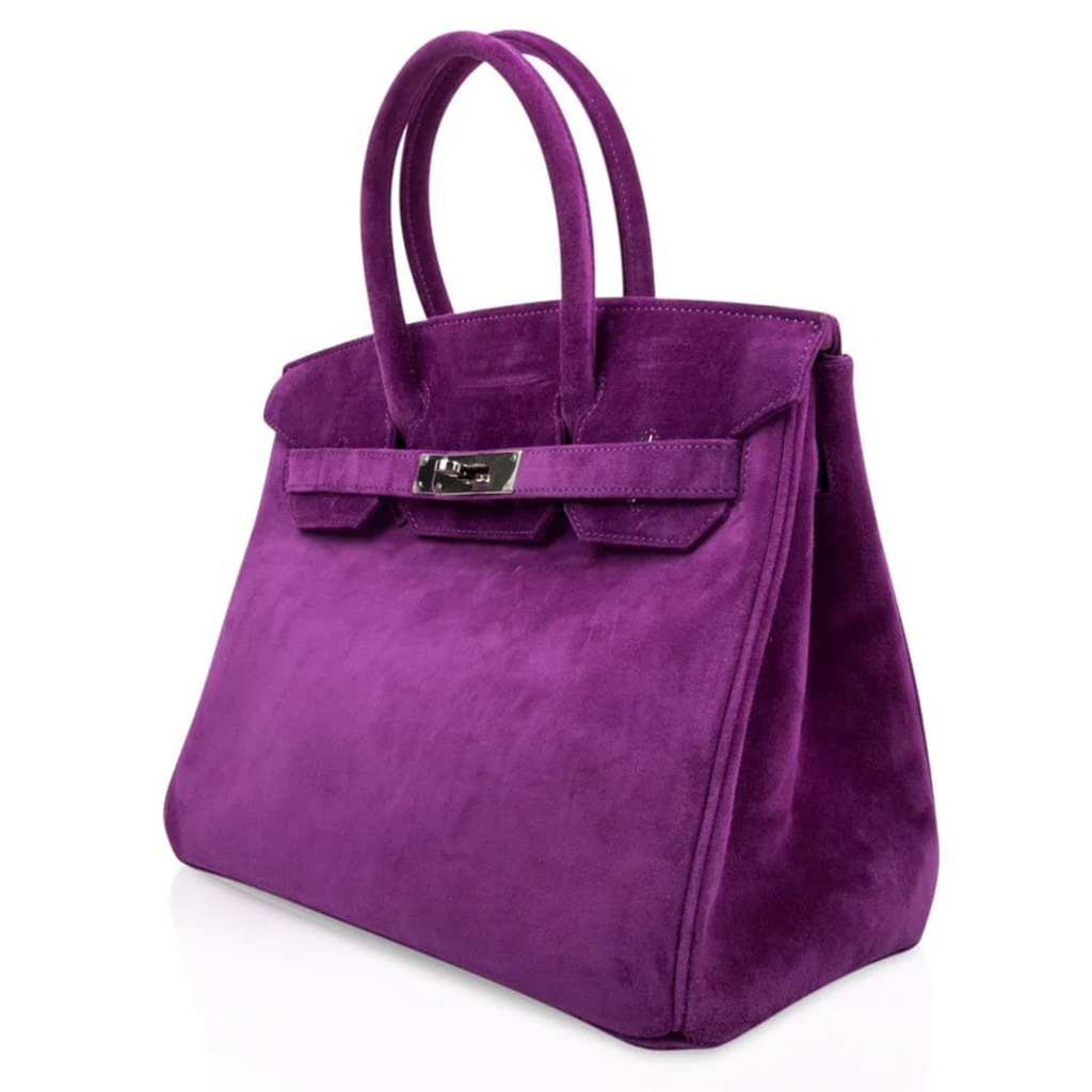 Saturated Deep Violet Plush Textured Medium Trapezoid Hand Tote With Polished Cool Silvery Twist Lock Hardware And Matching Suspended Engraved Metal Padlock Charm