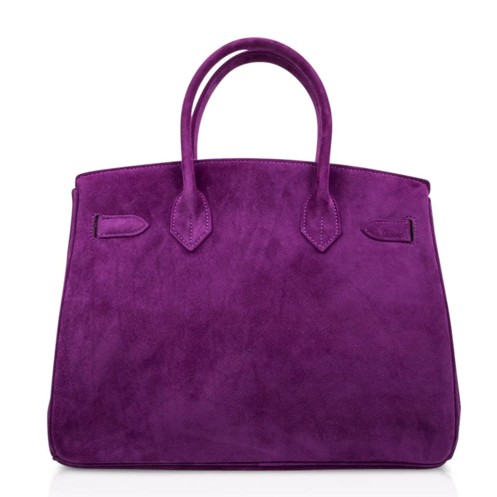 Saturated Deep Violet Plush Textured Medium Trapezoid Hand Tote With Polished Cool Silvery Twist Lock Hardware And Matching Suspended Engraved Metal Padlock Charm
